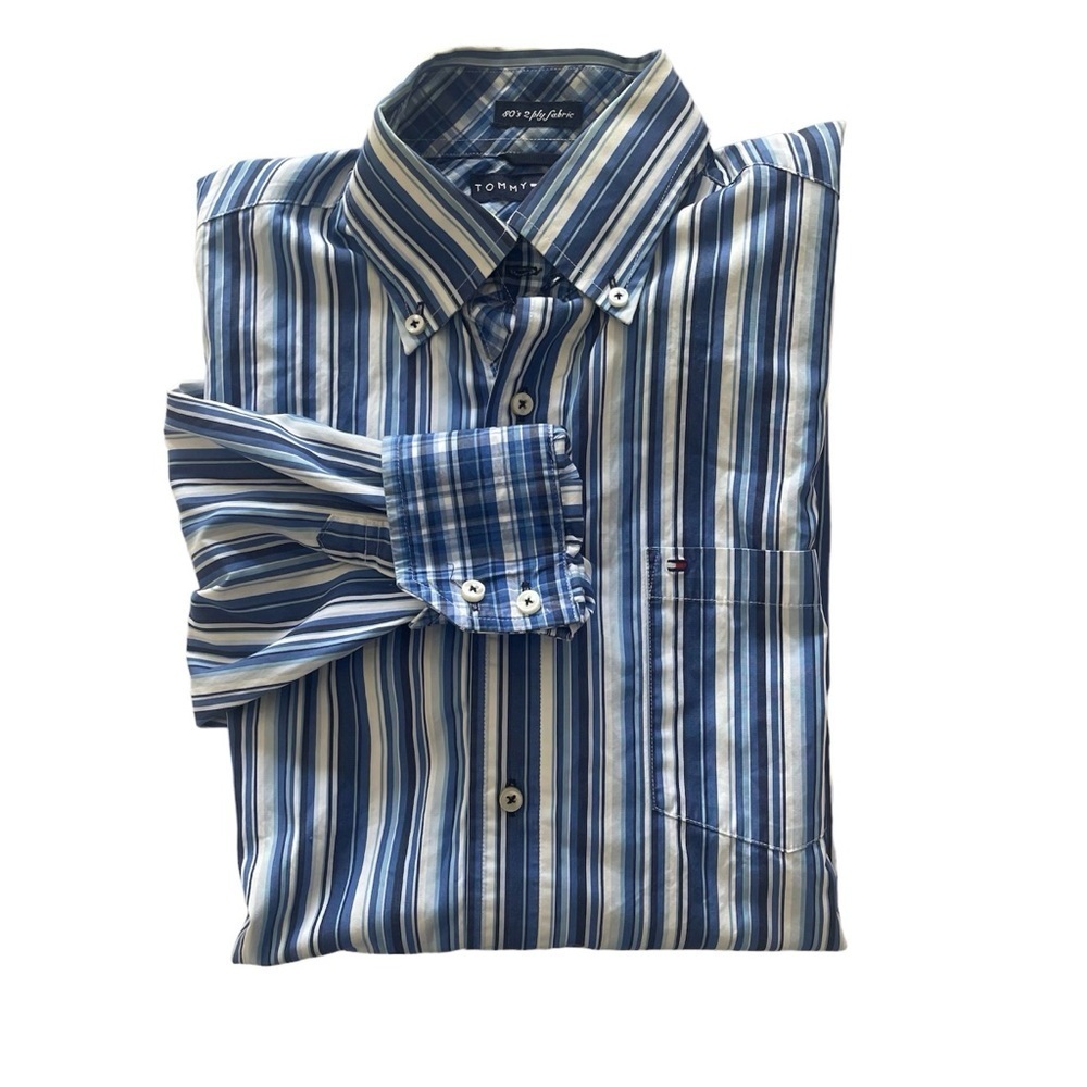 TOMMY HILFIGER - Vintage 80s - Men’s - L/S Casual Dress Shirt - M - Blue Striped